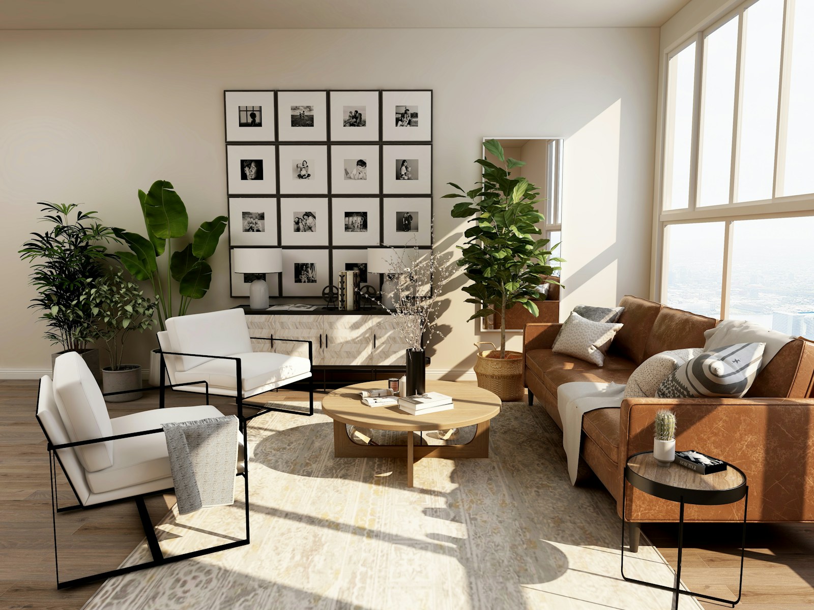 A bright living room with natural materials and warm neutral furniture
