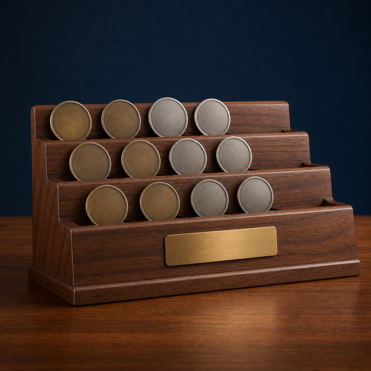 Concept render of a personalized walnut-tone desktop coin display with plain unmarked discs