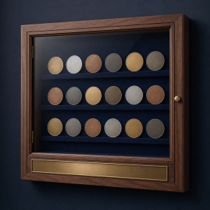 Concept render of a walnut-tone glass-front display case with eighteen plain unmarked discs