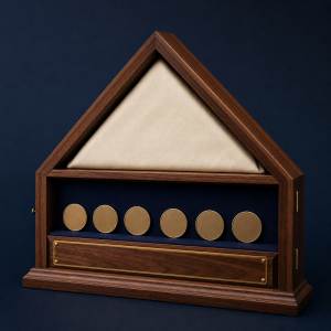 Concept render of a walnut-tone memory case with solid ivory cloth and plain unmarked discs