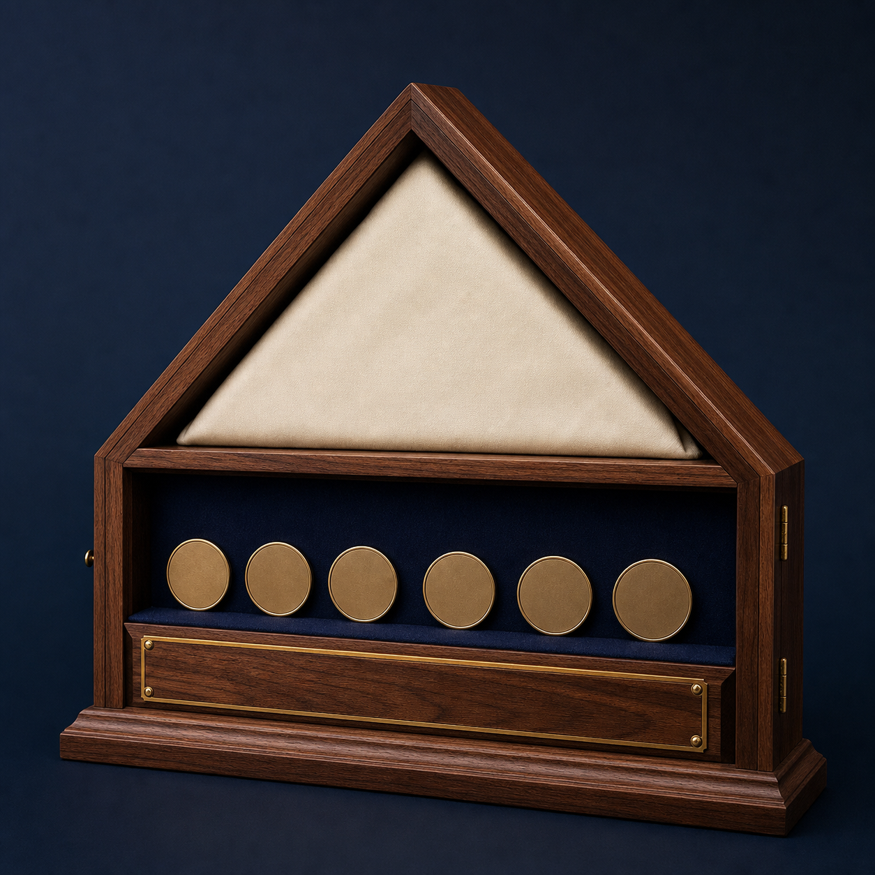 Concept render of a walnut-tone memory case with solid ivory cloth and plain unmarked discs