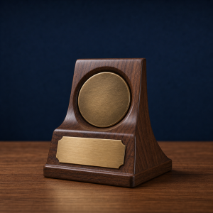 Concept render of a walnut-tone single coin personalized stand with one plain unmarked disc