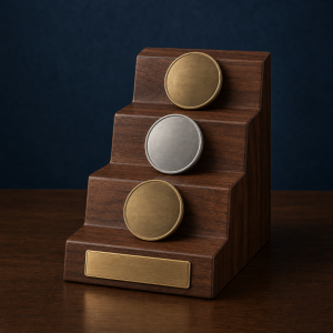 Concept render of a walnut-tone three-step coin display with three plain unmarked discs