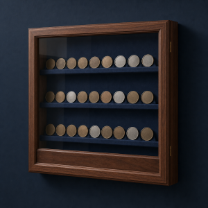 Concept render of a walnut-tone wall display cabinet with plain unmarked discs