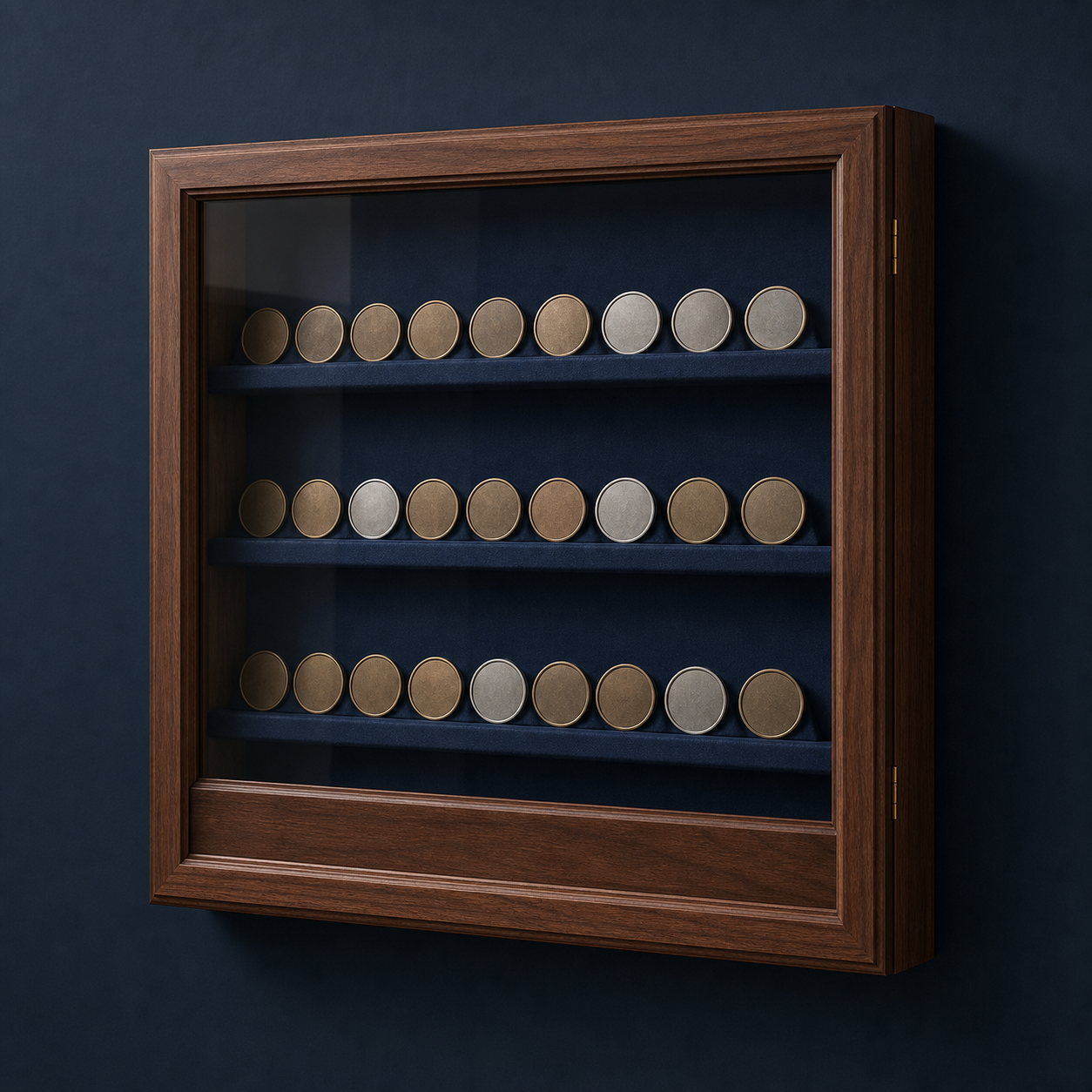 Concept render of a walnut-tone wall display cabinet with plain unmarked discs